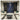 Abstract blue and gold face art mural adds a bold statement to the living room, complemented by cream sofas, green cushions, and round black tables.