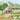 Charming mural wallpaper showing a red barn amid horses, pigs, turkeys and chickens on lush green grass with sunflowers and distant hills.