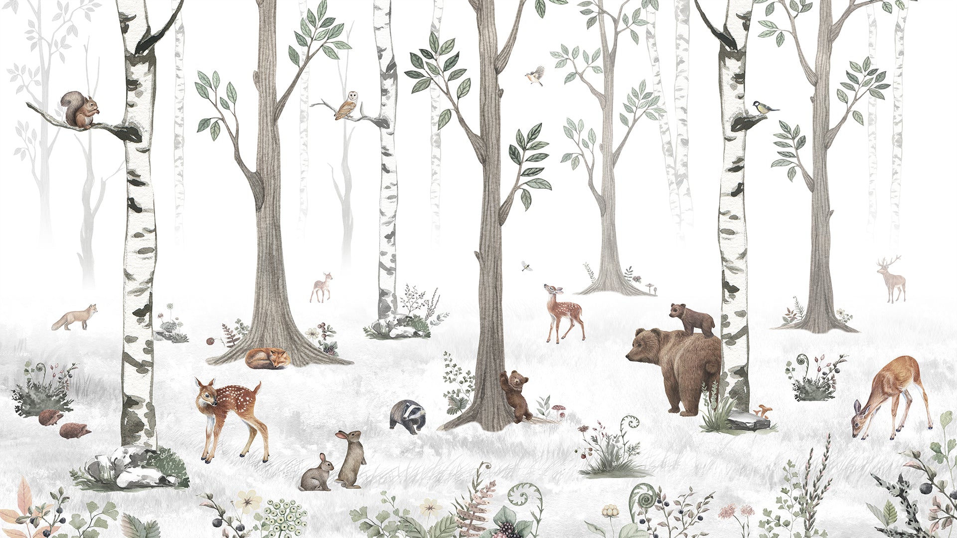 white forest wallpaper for kids room with animals-sample