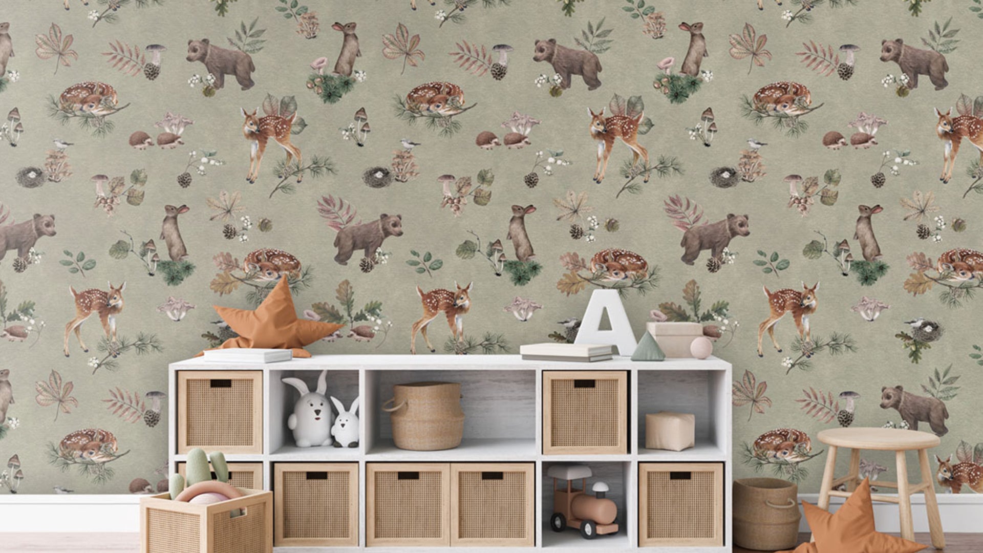 Woodland Gathering Wallpaper in Green-sample