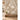 Abstract beige and cream floral mural wallpaper patterns an interior wall behind a low wooden bench styled with a vase of tulips and linens.