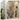 Three arched panels showcase abstract botanical motifs in beige, brown, and gray. A sleek vase of white blooms adds a refined, airy touch.