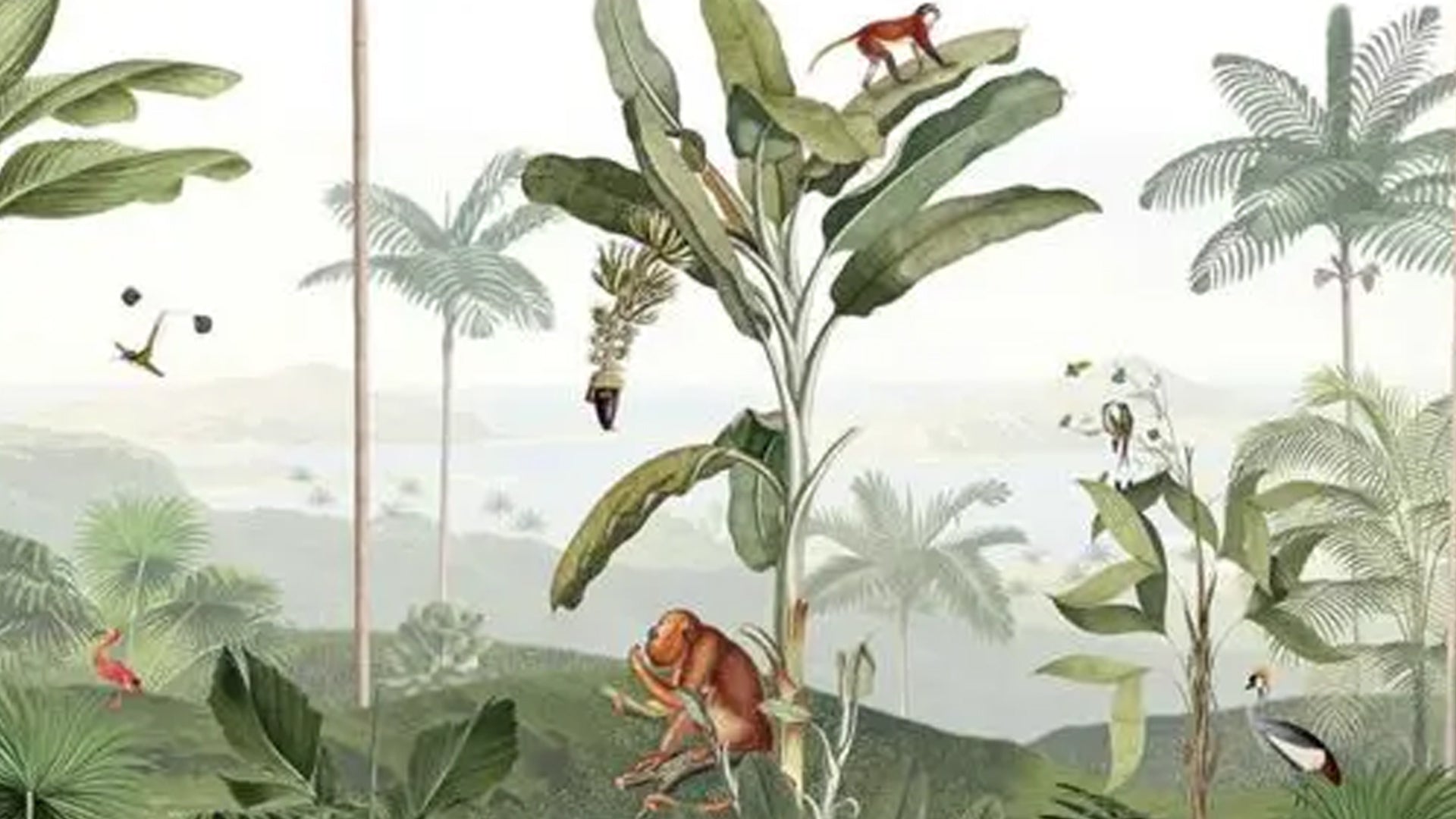 Tropical Jungle wallpaper with Cheetah, monkey and birds-sample